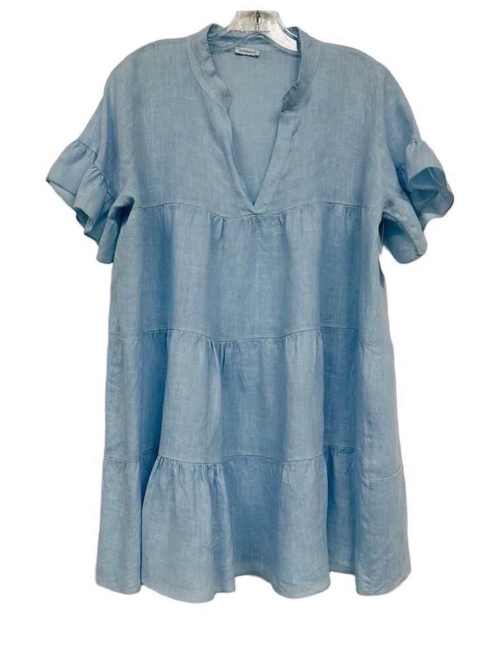 Blue linen tiered mini dress Large Modamalfi ruffle hem sleeves Summer